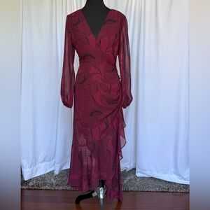 Astr Burgundy Long Sleeve Floral Dress